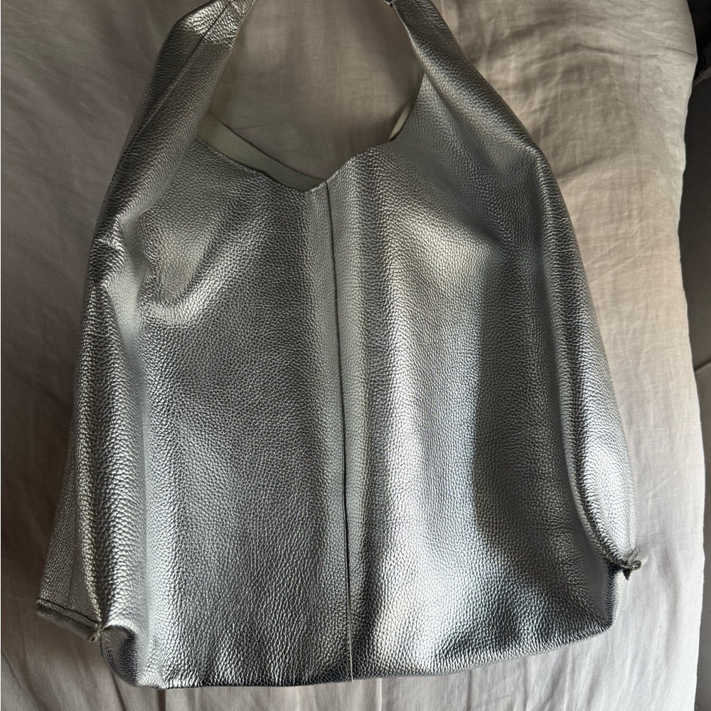 Silver Metallic Leather Tote Bag